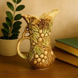 Dreamy Vintage McCoy Grapevine Pitcher Vase – Earthy Green & Brown Glaze, 9½